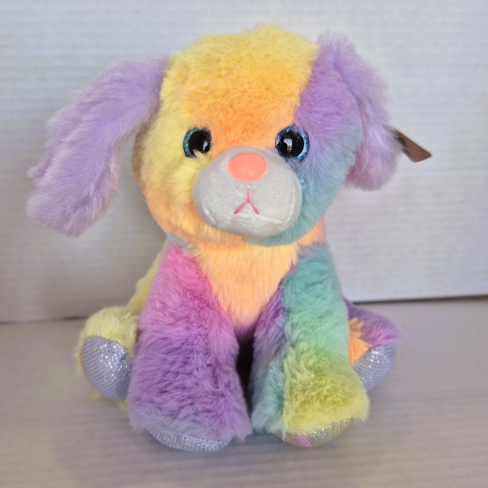 Rainbow Plush Puppy Stuffed Animal - Multicolor Pastel Fur THE PETTING ZOO NWT